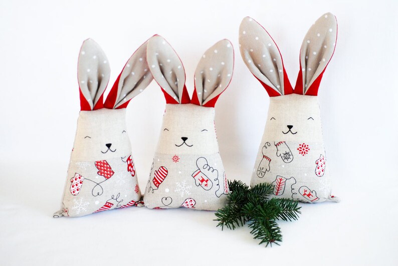 Christmas fabric bunny rabbit toy, soft stuffed red white animal toys, mantle decor gift under tree image 5