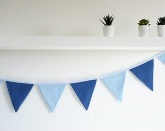 Boy blue fabric bunting banner, flags pennants blue decoration, baby shower decor blue party nursery decor