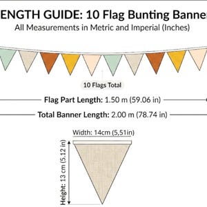Puede incluir: Una gu&iacute;a de longitud para una guirnalda de 10 banderines con el texto LENGTH GUIDE: 10 Flag Bunting Banner. La parte de los banderines mide 1,50 m, la longitud total es de 2,00 m y cada bander&iacute;n mide 14 cm de ancho por 13 cm de alto.