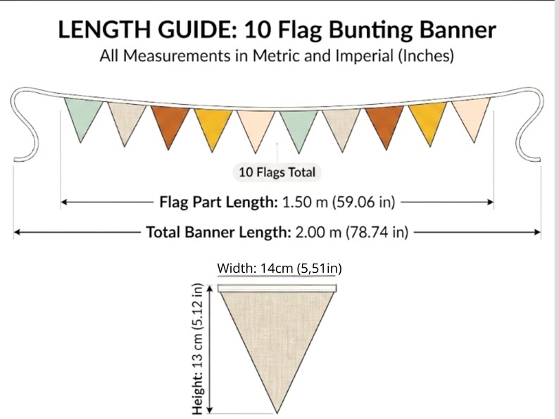 Puede incluir: Una gu&iacute;a de longitud para una guirnalda de 10 banderines con el texto LENGTH GUIDE: 10 Flag Bunting Banner. La parte de los banderines mide 1,50 m, la longitud total es de 2,00 m y cada bander&iacute;n mide 14 cm de ancho por 13 cm de alto.