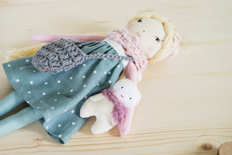 Mom and baby rag doll, stuffed fabric cloth doll and baby play set, doll Charlotte image 3