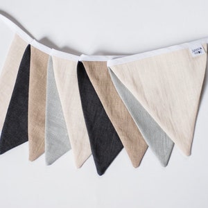 Guirnalda de lino para bodas, guirnalda rústica para fiestas al aire libre, decoración bohemia neutra para chimenea, banderín de tela reutilizable, guirnalda neutra para guardería imagen 6
