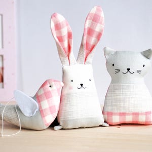 Woodland animals set, rabbit cat bird stuffed, tartan pink grey nursery decor, keepsakes for new mom imagem 1