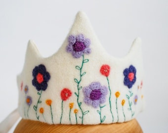 Waldorf wool felt birthday crown, summer flowers princess crown, handmade crown gift for toddler girl