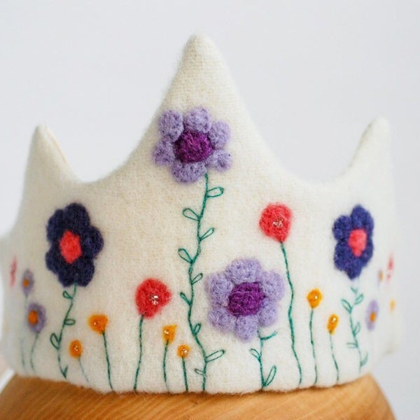 Waldorf wool felt birthday crown, summer flowers princess crown, handmade crown gift for toddler girl