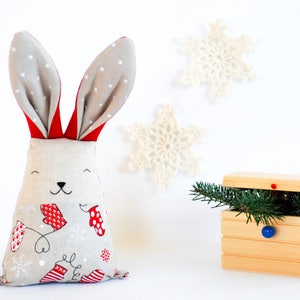 Christmas fabric bunny rabbit toy, soft stuffed red white animal toys, mantle decor gift under tree image 8