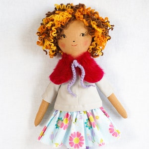 Cloth rag doll with curly hair, fabric stuffed soft linen dress up doll, nursery doll decor, kids interiors