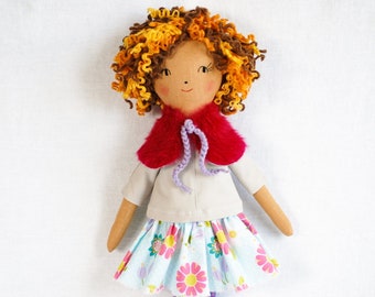Cloth rag doll with curly hair, fabric stuffed soft linen dress up doll, nursery doll decor, kids interiors