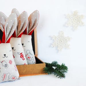 Christmas fabric bunny rabbit toy, soft stuffed red white animal toys, mantle decor gift under tree image 2