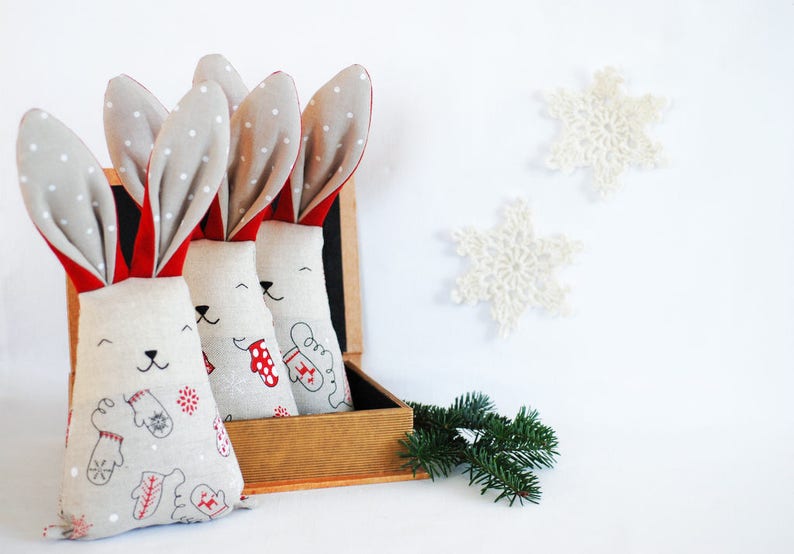 Christmas fabric bunny rabbit toy, soft stuffed red white animal toys, mantle decor gift under tree image 2