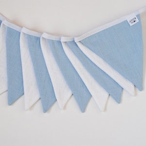 White & Blue Linen Pennant Banner: Nursery, Party Decoration