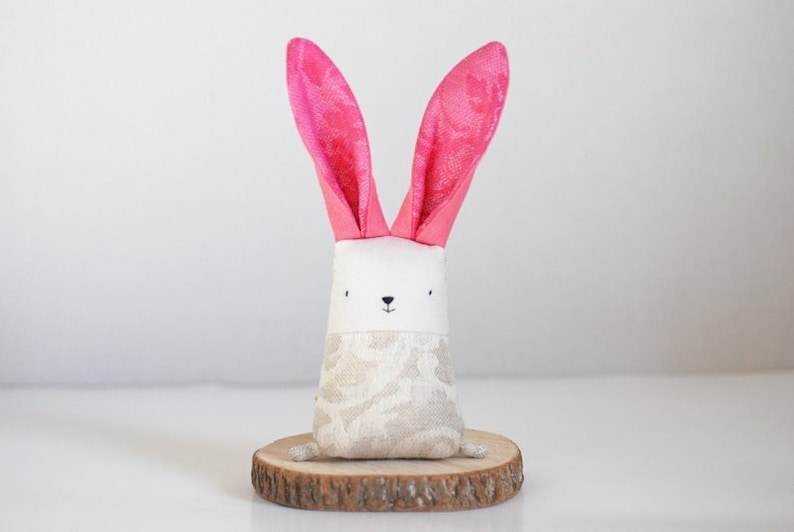 Fabric bunny stuffed animal decoration, linen rabbit with bright pink ears, nursery decoration gift for new mom image 1