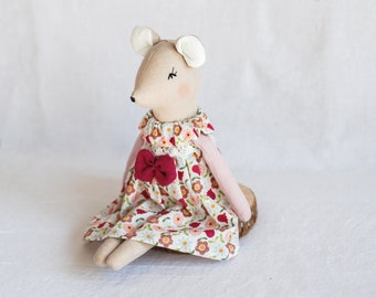 Linen Mouse Rag Doll: Handmade Stuffed Cloth Doll in Removable Dress