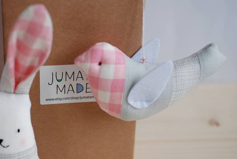 Woodland animals set, rabbit cat bird stuffed, tartan pink grey nursery decor, keepsakes for new mom imagem 2