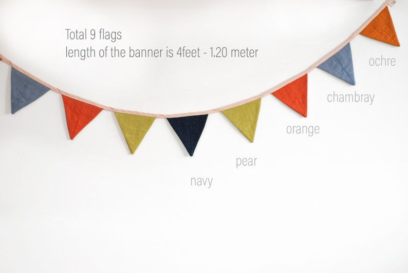 Medium triangles bunting banner, Fabric flags garland, bright pennant string linen banner, 4ft length bunting image 5