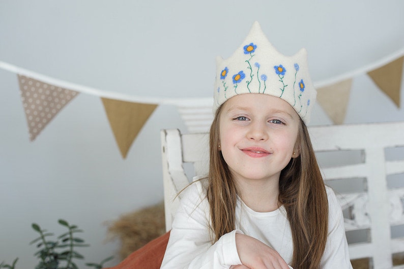 Waldorf Wool Needlefelt Crown Liberty Blue Flowers, Princess Spring Flowers Crown Birthday Keepsake gift image 2