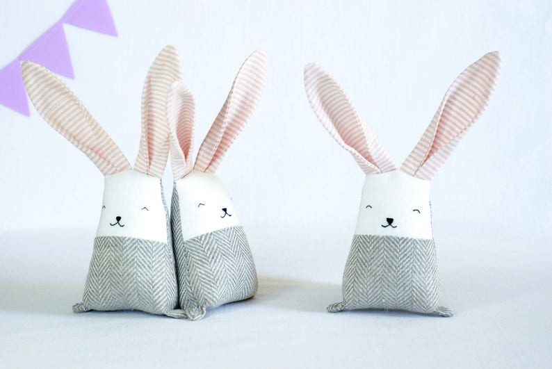 Blush coral bunny rabbit decoration, linen stuffed baby room decoration, gift for new mom baby shower basket image 2