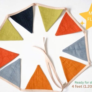 Medium triangles bunting banner, Fabric flags garland, bright pennant string linen banner, 4ft length bunting image 1