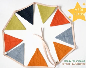 Medium triangles bunting banner, Fabric flags garland, bright pennant string linen banner, 4ft length bunting