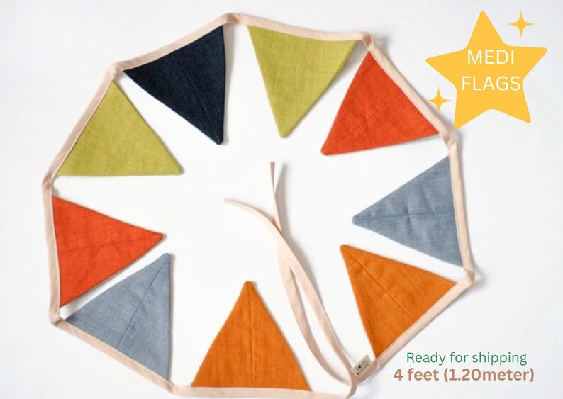 Medium triangles bunting banner, Fabric flags garland, bright pennant string linen banner, 4ft length bunting image 1