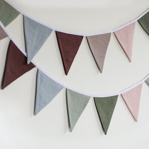 Sage green purple blue shades fabric bunting banner pennant string linen garland image 1