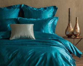 Juego de funda nórdica de seda dupioni color turquesa, tamaño individual XL, con 2 fundas de almohada / Ropa de cama de seda de lujo / Decoración de dormitorio hecha a mano