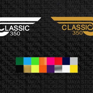 Pode incluir: Dois adesivos brancos e dourados com um design de asa e o texto "CLASSIC 350".