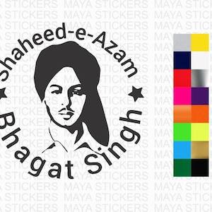 Może przedstawiać: Czarno-biała naklejka z portretem Bhagata Singha, z tekstem "Shaheed-e-Azam Bhagat Singh" w okrągłym wzorze. Projekt zawiera dwie gwiazdy i różne opcje kolorystyczne.