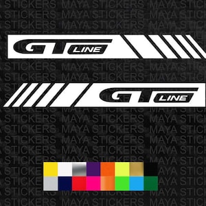 Puede incluir: Dos pegatinas de vinilo blanco con texto negro y rayas. La pegatina superior dice "G-LINE" y la pegatina inferior dice "G-LINE".