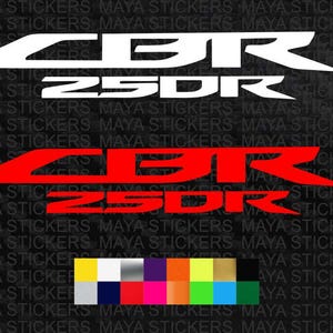 May include: White and red CBR 250R motorcycle decals. The decals are in a bold, sans-serif font. The image also includes a color palette of various colors.