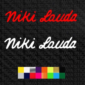 May include: Two versions of the name "Niki Lauda" in a cursive font. The top version is in red and the bottom version is in white. The background is black with a repeating pattern of the words "Maya Stickers".