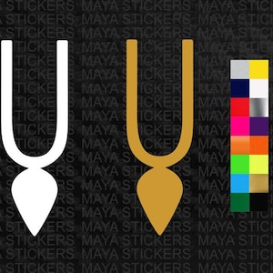 May include: Two stylized pendant designs, one white and one gold, with a teardrop-shaped bottom. A colour palette of various hues is displayed to the right. The background is a repeating pattern of the words "MAYA STICKERS".