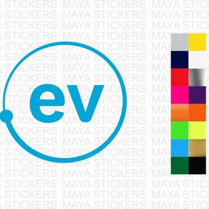 May include: A blue and white sticker with the letters "ev" inside a circle. The circle has a small blue dot on the left side and a curved line connecting the dot to the right side of the circle.