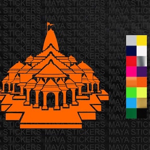 May include: An orange sticker of a temple with multiple tiers and a flag on top. The sticker is on a black background with the words "MAYA STICKERS" repeated.