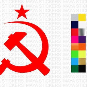 May include: A red hammer and sickle symbol, a common symbol of communism.