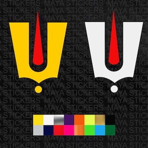 Puede incluir: Dos pegatinas de vinilo, una amarilla y una blanca, con un símbolo rojo en el centro. El símbolo es una letra U estilizada con una parte superior puntiaguda. Las pegatinas son para fines decorativos.