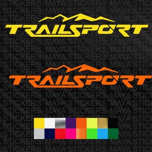 Könnte beinhalten: Zwei Versionen eines "TRAILSPORT"-Logos mit einer Bergkette. Das obere Logo ist gelb und das untere Logo ist orange.