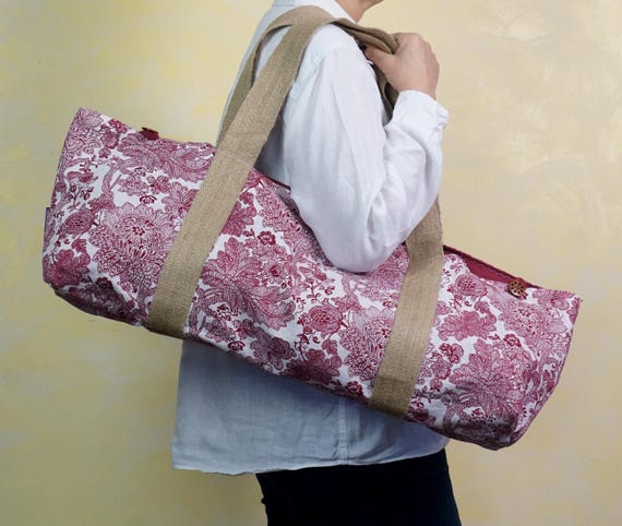 Handmade Boho Yoga Mat Bag, Lightweight Pilates Sling Carrier, Red Floral Print