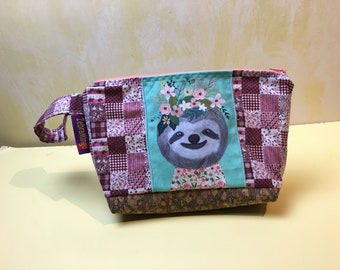 Sloth wash bag, sloth bag, sloth zipped pouch, sloth gift, pink washbag, waterproof lined pouch, sleepover gift, sloth party gift, sloth