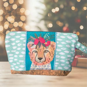Cheetah Makeup Bag, Waterproof Cork Base, Plastic Lined Toiletry Pouch (OOAK)