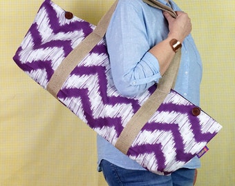 May include: A purple and white chevron patterned tote bag with natural jute handles. The bag has a brown button closure and a small tag with the text "So Sew Easy".