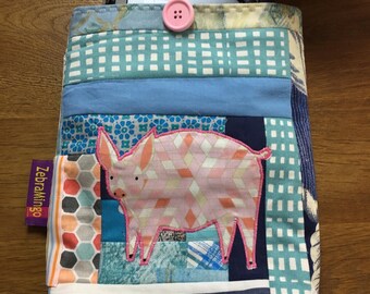 Quilted Book Sleeve, Padded Protector, OOAK Pig Fabric, Handmade Cotton Kindle Cover