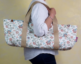 Handmade Floral Cotton Yoga Mat Bag Sling, UK Pilates Carrier, Zip Pocket