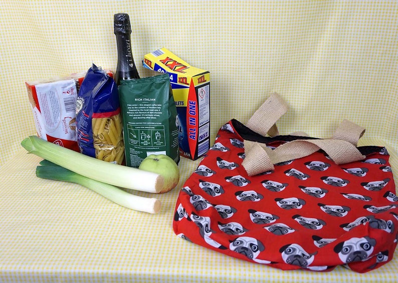 For dog lovers Pug themed Bag-in-a-bag handy bag in its own pouch.