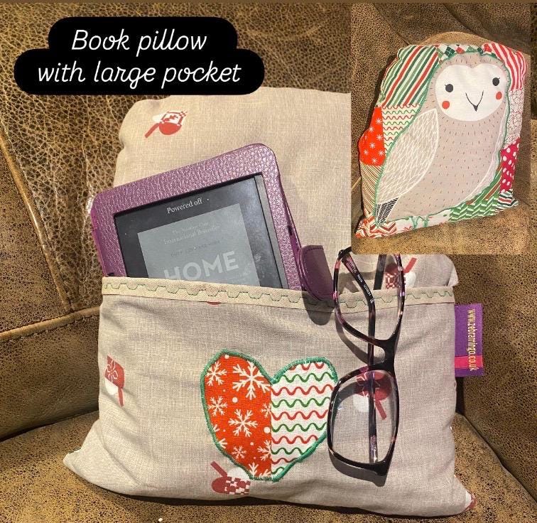Patchwork Reading Cushion with Pocket, owl print, Washable Cover, Book Kindle Holder