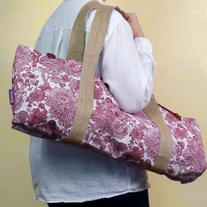 Handmade Boho Yoga Mat Bag, Lightweight Pilates Sling Carrier, Red Floral Print image 2
