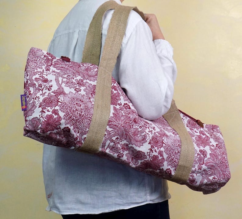 Handmade Boho Yoga Mat Bag, Lightweight Pilates Sling Carrier, Red Floral Print image 2
