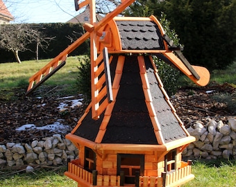 1,30m große Windmühle aus Holz mit Solarbeleuchtung Typ 18