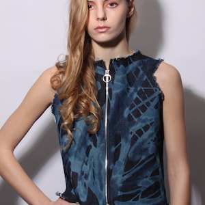 Denim Waistcoat/Bleached Denim Waistcoat/acid wash denim/zip up denim top