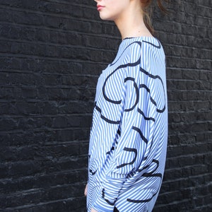 Unique, asymmetric Top, stipe jersey, handprinted, squiggle print image 3